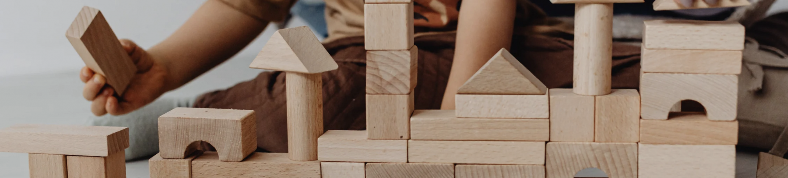 Wooden children's building blocks arranged in a simple formation, representing early childhood development.